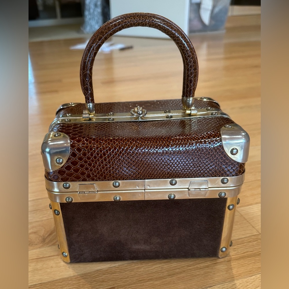 Vintage 70s Harry Rosenfeld NY Suede Faux Crocodile Train Case Bag